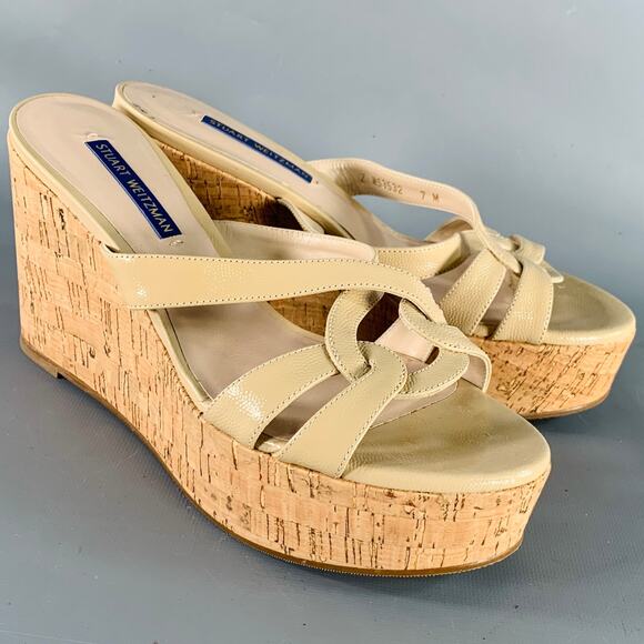 STUART WEITZMAN Size 7 Beige Textured Cork Platform Wedge Sandals - Picture 1 of 8